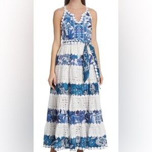 NWT Farm Rio Mixed Whites and Blue Prints Maxi Dress Floral White Eyelet Lace